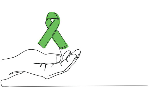 Lime Green ribbon for Lymphoma Cancer and mental health awareness raising support and help patient living with illness. Hand and ribbon isolated line art vector graphic illustration. Depression