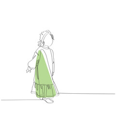 International day of girl child line art. Little girl with flaky hair in bumper dress. Young woman. Cool dress for girls. Trendy dressing of young kids. Fashionable stylish girl line art vector. hijab