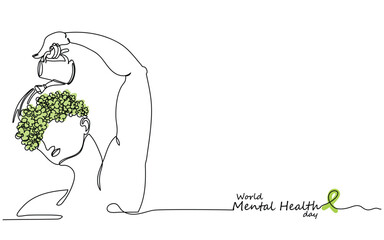 World mental health day october 10 line art. Mental health matters. Psychology concept art. Care and awareness of psychological disorders. Trauma Healing. PTSD treatment. Handle with care. Brain green