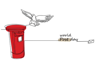 World Post day line art vector graphic. Flying pigeon with letter. Mail box. Mailing. Postal. Post order. International post day october 9. Continuous line art background. Vintage bird with envelope.