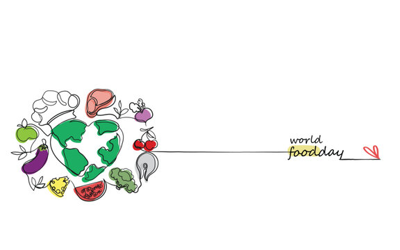 World food day poster line art. International day of food. World green and blue with chef hat . Fruits mutton meat and fish around. Vegan day. Fruit day. Colorful vector art graphic. Apple cherries - Powered by Adobe