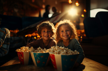 little children siblings watching movies at home, sitting on the couch eating popcorn, home theater