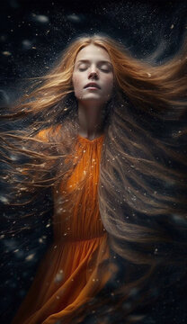 Orange Ghosts spirit with long hair, woman flying on dark background. Halloween concept. AI Generative
