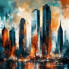 city skyline in watercolor