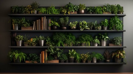 A contemporary-style bookshelf adorned with plants that serves as a modern decorative element for virtual office backdrops, studio backgrounds