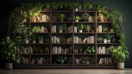 A contemporary-style bookshelf adorned with plants that serves as a modern decorative element for virtual office backdrops, studio backgrounds - obrazy, fototapety, plakaty