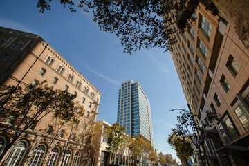 Daytime view of historic buildings in downtown San Jose, California, USA.