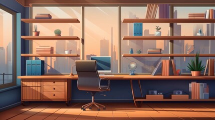  illustration of a modern home office interior with windows built-in wooden shelves and a laptop placed on a desk 