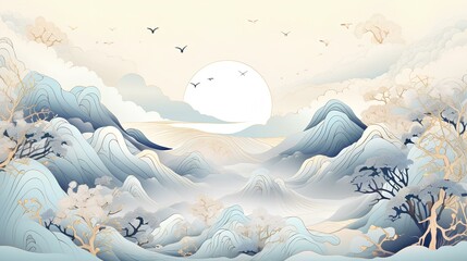 Modern Chinese poster in ceramics, traditional chinese landscape style, bright lighting, Spring Festival atmosphere, dreamy illustrations, flat poster art. generative AI