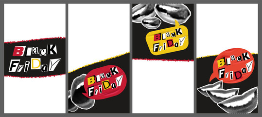 Black Friday banners set in halftone collage trendy style. Torn paper, shouting and smiling female mouths, lips, speech bubbles. Poster, stories templates, modern retro vector illustration