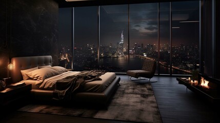 penthouse bedroom at night, dark gloomy, A room with a view of the city 