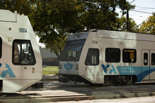 San Jose, California, USA - November 17, 2021: Afternoon sunlight shines on a VTA Valley Transportation Authority light rail train.