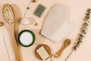 accessories for spa and wellness on beige background.  Beauty, spa and bath concept. Flat lay, top view