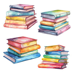 Stack of books watercolor art paint on white for card decor set