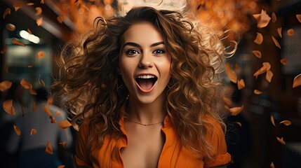 Ecstatic lady shout loud yeah fist up raise win lottery bright shine background. Smile emotion illustration. Generative AI
