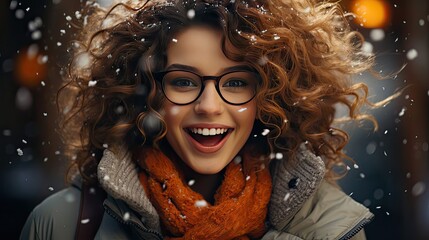 Portrait of joyful young woman enjoying a cup of coffee at home. Smiling pretty girl drinking hot tea in winter. Excited woman wearing spectacles and sweater and laughing. Generative AI art