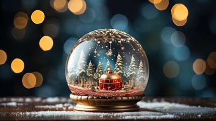 Fototapeta na wymiar Snow Globe - Christmas Magic Ball with Christmas tree and blurred lights on background. Christmas snow globe. Generative AI