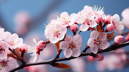 Selective focus of beautiful branches of pink Cherry blossoms on the tree under blue sky, Beautiful Sakura flowers during spring season in the park. Floral flower illustration. Generative AI