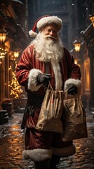 Rear view of santa claus holding paper bags. Cool Christmas concept. Generative AI