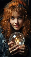 Fototapeta na wymiar Side close up portrait of a joyful young woman holding a snow globe. Christmas snow globe. Generative AI