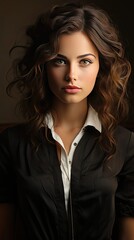 Fototapeta premium Beautiful brunette with brown lipstick on her lips. Pretty girl with long brown hair. Closeup portrait of a Brunette young woman. Woman portrait illustration. Generative AI