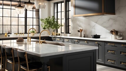A contemporary, chic kitchen featuring stylish black and white cabinets, golden fixtures, and marble tiles. Generative AI