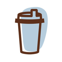 Take away tea coffee cup icon in blue and brown. Line web button. A cup to carry. Vector illustration isolated on white background. For advertising, design, card, logo template. Disposable packaging