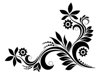 Corner black and white pattern with swirls, flowers, leaves and dots. Floral design element. Angular vortex monogram. Floral black and white decorative ornament on a white isolated background.
