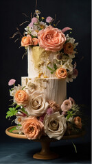 Wedding cake decorated with flowers on a dark background, close-up
