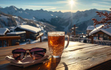 napój, okulary na stoliku na tle panoramy górskie w słoneczny dzień 