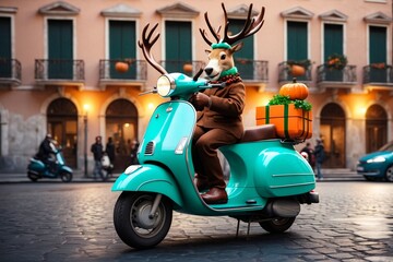 Huge reindeer rides an electric scooter through the city on a dark Christmas night and distributes gifts. Christmas theme. Christmas 2023. Xmas Illustration. Digital painting. Generative AI.  