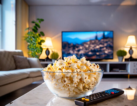 Palomitas en un bowl sobre una mesa con una television de fondo.
