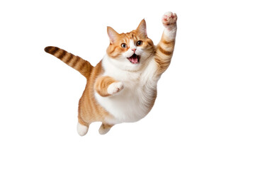a quality stock photograph of a single fat happy cat jumping in the air isolated on a white background - obrazy, fototapety, plakaty
