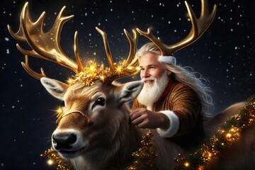 Santa Claus dressed in gold leads a reindeer doe decorated in gold and yellow Christmas tree lights. Christmas theme. Christmas 2023. Xmas Illustration. Digital painting. Generative AI.  