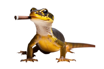 a quality stock photograph of a single happy salamander full body smoking a cigar isolated on a white background