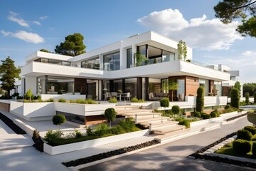 Fototapeta na wymiar modern villa with white facade and modern elements. Modern Building and Architecture. Generative AI
