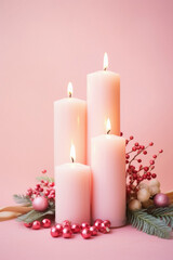 Candles in a vase with a plant in it on a pink background.