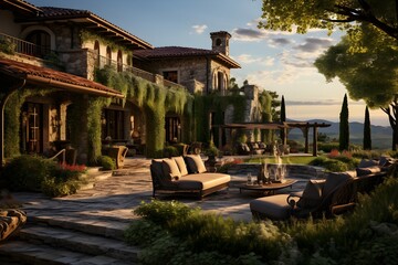 luxury tuscan style villa with great view. Sunset light in the background. Harmonic feeling. Generative AI - obrazy, fototapety, plakaty