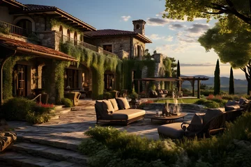 Fotobehang luxury tuscan style villa with great view. Sunset light in the background. Harmonic feeling. Generative AI © PSCL RDL