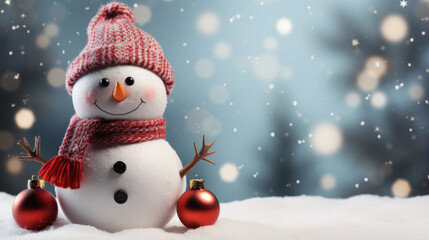 Fototapeta premium Snowman on a background of snow. christmas and new year concept. christmas background. christmas card with copy space.