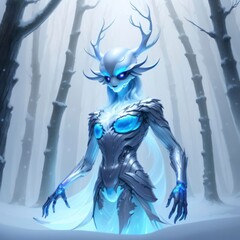 Illustration of strange supernatural ice creature in winter forest