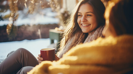 Two young women friends, wrapped in a warm blanket, warm themselves, drink hot drinks in a cozy atmosphere. Active communication and friendship in winter. - obrazy, fototapety, plakaty