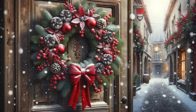 Traditional Christmas wreath on aged wooden door, red berries, pinecones, red ribbon bow, falling snowflakes, quaint European alleyway.