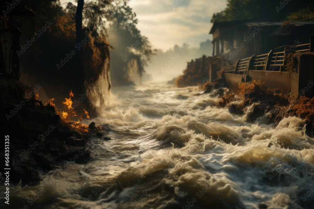 Wall mural an overflowing river breaching its banks, indicating the danger of flooding in low-lying areas. conc