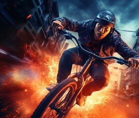Obraz premium Asian Male Stunt Cyclist Freestyle Background Generative AI