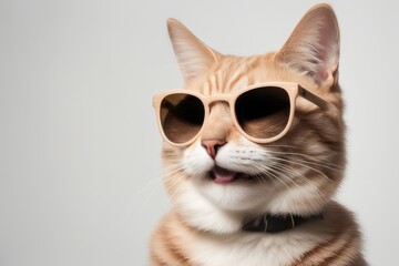 a quality stock photograph of a single happy cat with sunglasses isolated on a white background