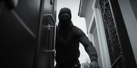 Masked Thief Stands Before the Door of a Modern House, Lockpicking with a Stealthy Gaze Fixed Upon a Security Camera, Illustrating the Ominous Threat to Residential Security - obrazy, fototapety, plakaty