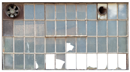A window in an old workshop with damaged panes. Isolated background.