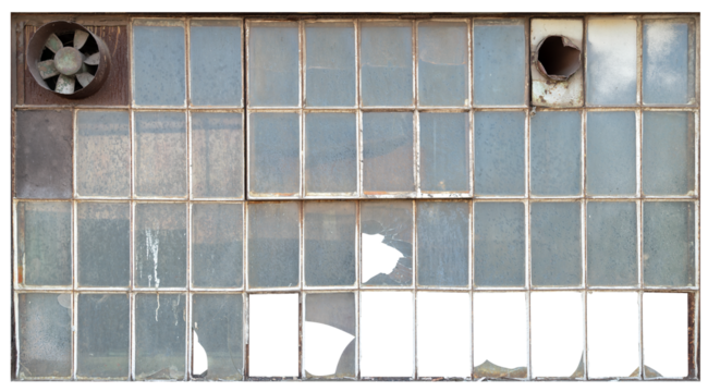 A window in an old workshop with damaged panes. Isolated background.