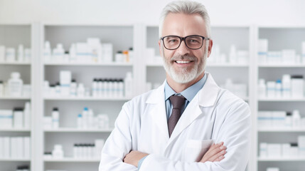 Naklejka na ściany i meble Fictitious smiling caucasian male pharmacist AI generative
